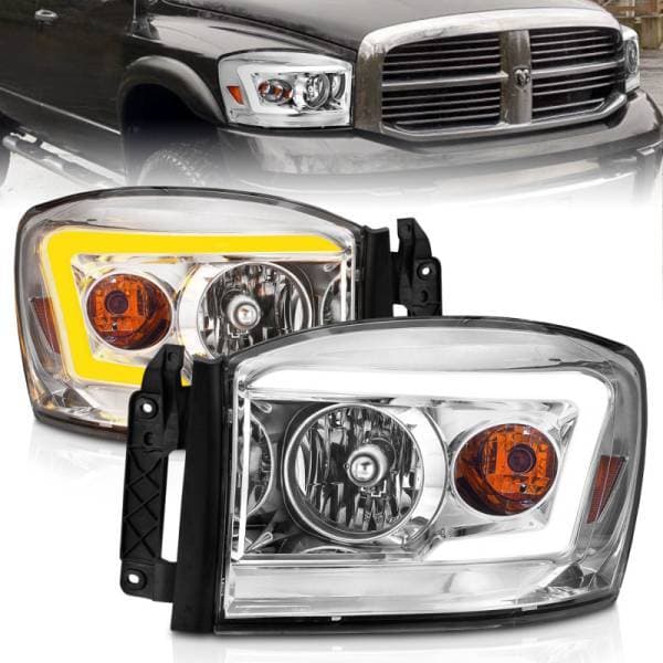 ANZO 06-09 Dodge RAM 1500/2500/3500 Headlights Chrome Housing/Clear Lens (w/Switchback Light Bars)