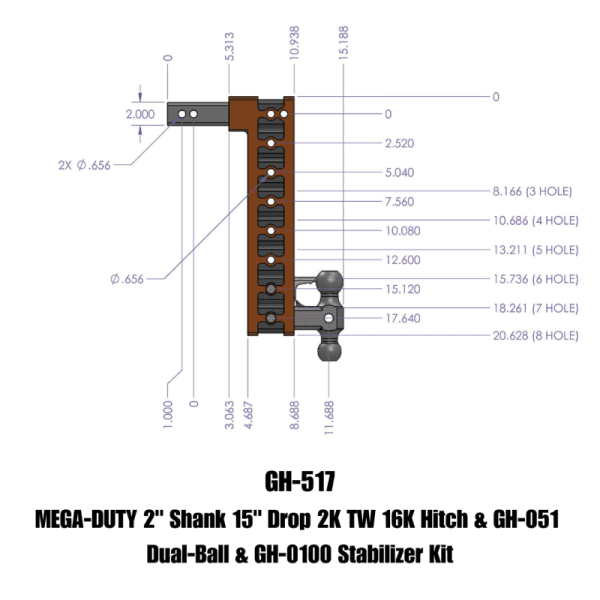 Gen-Y Mega Duty 2in Shank 15in Drop 2K TW 16K Hitch w/GH-051 Dual-Ball/GH-0100 Stabilizer Kit