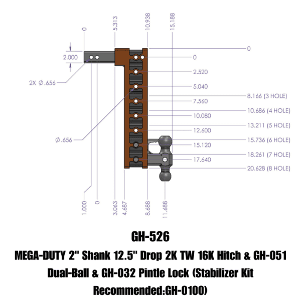 Gen-Y Mega Duty 2in Shank 12.5in Drop 16K Hitch w/Dual-Ball/Pintle Lock