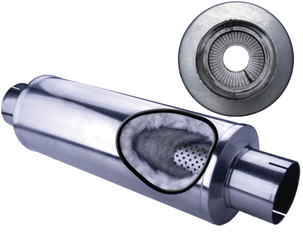 Diamond Eye MFLR 5inID SGL IN/SGL OUT 7inDIA X 24in BODY 30in LENGTH LOUVERED SLOTTED ENDS 409 SS