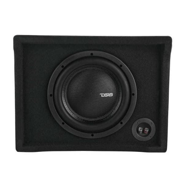 DS18 Single 10in Shallow Subwoofer and Enclosure 600 Watts RMS Downfiring Sealed Black Carpet