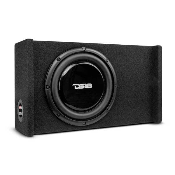 DS18 Single 10in Shallow Subwoofer and Enclosure 300 Watts RMS Downfiring Sealed Black Carpet