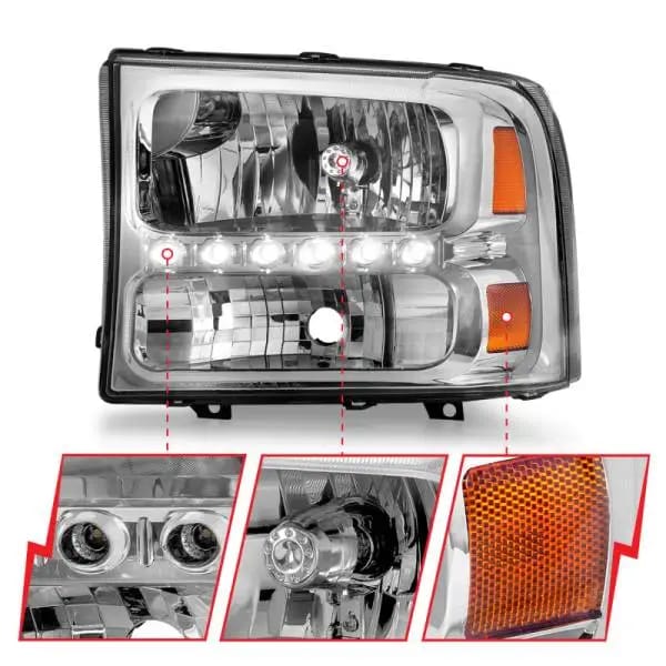 ANZO 2000-2004 Ford Excursion Crystal Headlights Chrome w/ LED 1pc thumbnail 5