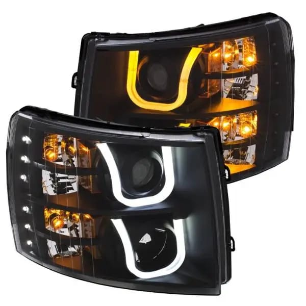 ANZO 2007-2013 Chevrolet Silverado 1500/2500 Projector Headlights w/ U-Bar Switchback Black w/ Amber thumbnail 2