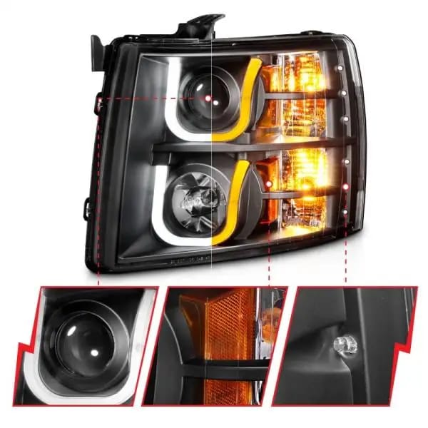 ANZO 2007-2013 Chevrolet Silverado 1500/2500 Projector Headlights w/ U-Bar Switchback Black w/ Amber thumbnail 4