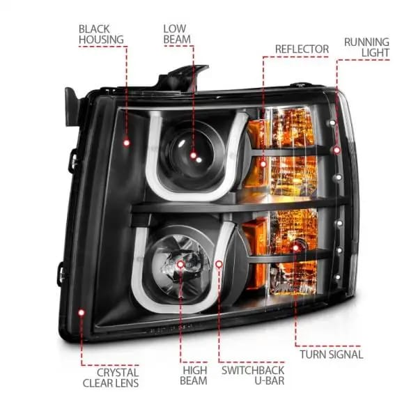 ANZO 2007-2013 Chevrolet Silverado 1500/2500 Projector Headlights w/ U-Bar Switchback Black w/ Amber thumbnail 5
