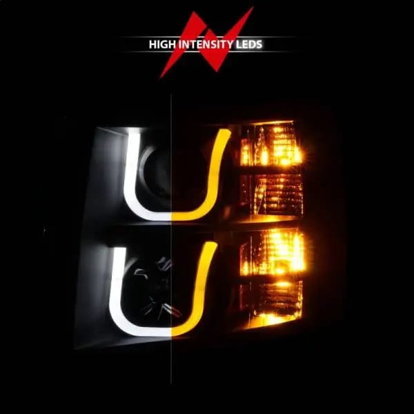 ANZO 2007-2013 Chevrolet Silverado 1500/2500 Projector Headlights w/ U-Bar Switchback Black w/ Amber thumbnail 7