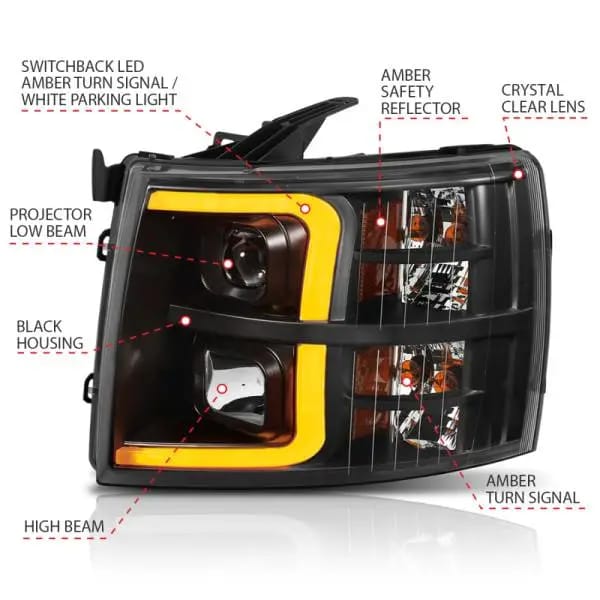 ANZO 07-13 Chevrolet Silverado 1500 Plank Style Projector Headlights Black w/ Amber thumbnail 6
