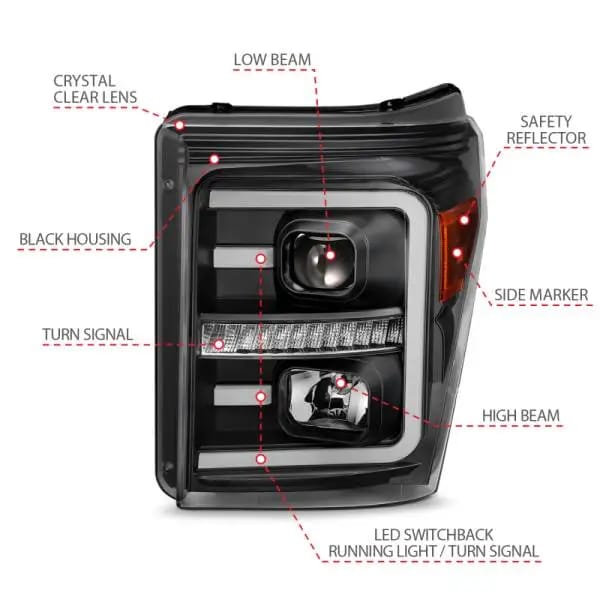 ANZO 2011-2016 Ford F250 Projector Headlights w/ Plank Style Switchback Black w/ Amber thumbnail 9