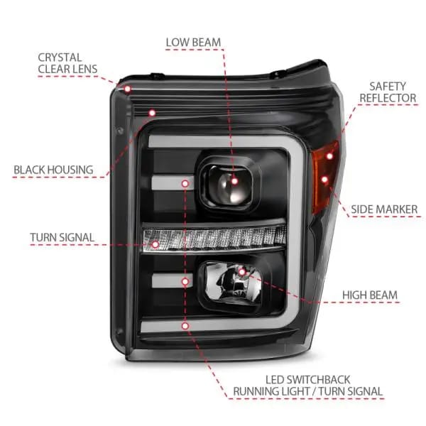 ANZO 2011-2016 Ford F250 Projector Headlights w/ Plank Style Switchback Black w/ Amber thumbnail 10
