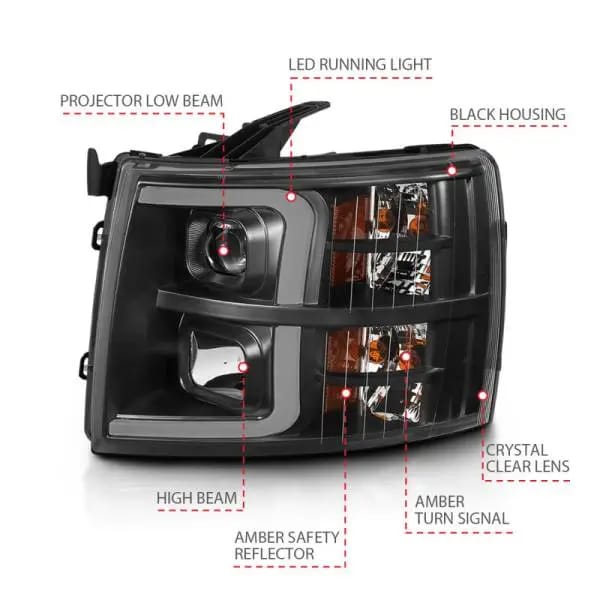 ANZO 07-13 Chevrolet Silverado 3500 Projector Headlights - Black Amber thumbnail 4