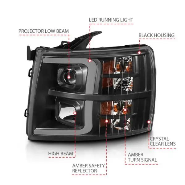 ANZO 07-13 Chevrolet Silverado 3500 Projector Headlights - Black Amber thumbnail 11