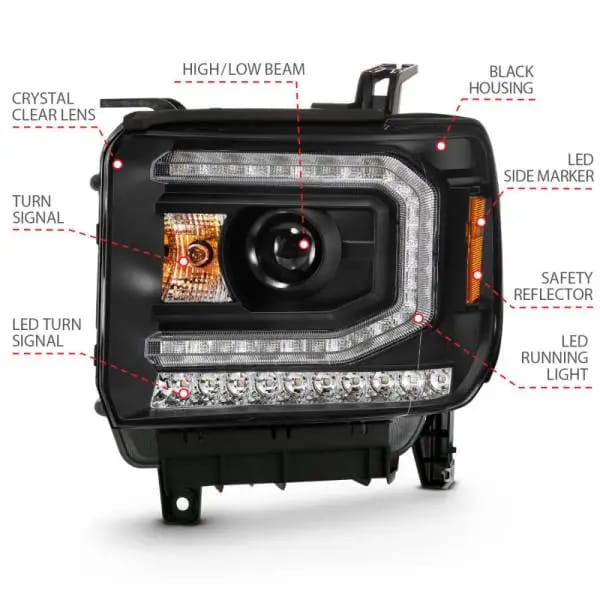ANZO 2016-2019 GMC Sierra 1500 Projector Headlight Plank Style Black w/ Sequential Amber Signal thumbnail 11