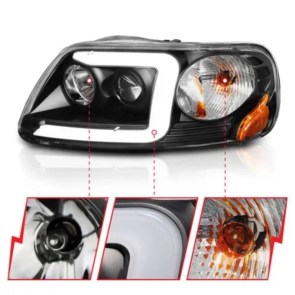 ANZO 1997-2003 Ford F-150 Projector Headlights w/ Light Bar Black Housing thumbnail 9
