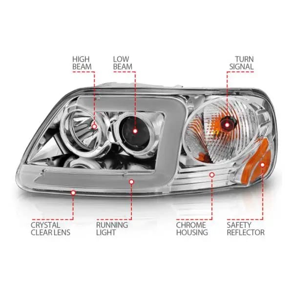 ANZO 1997-2003 Ford F-150 Projector Headlights w/ Light Bar Chrome Housing thumbnail 6