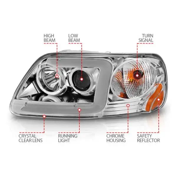 ANZO 1997-2003 Ford F-150 Projector Headlights w/ Light Bar Chrome Housing thumbnail 10