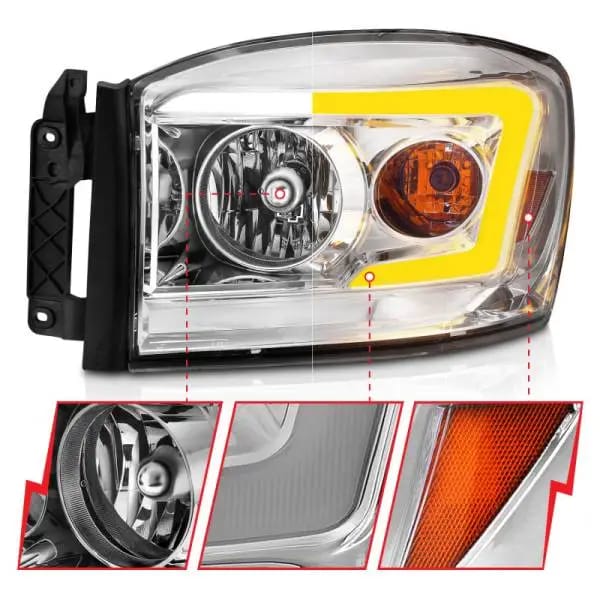 ANZO 06-09 Dodge RAM 1500/2500/3500 Headlights Chrome Housing/Clear Lens (w/Switchback Light Bars) thumbnail 4