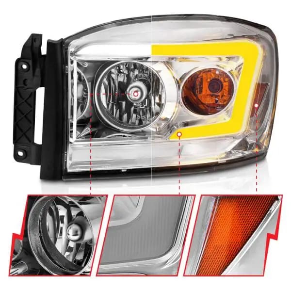 ANZO 06-09 Dodge RAM 1500/2500/3500 Headlights Chrome Housing/Clear Lens (w/Switchback Light Bars) thumbnail 9