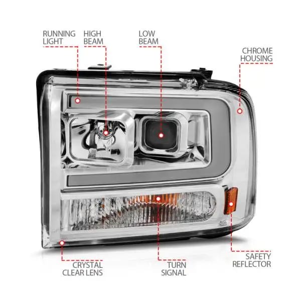 ANZO 99-04 Ford F250/F350/F450/Excursion (excl 99) Projector Headlights - w/Light Bar Chrome Housing thumbnail 10