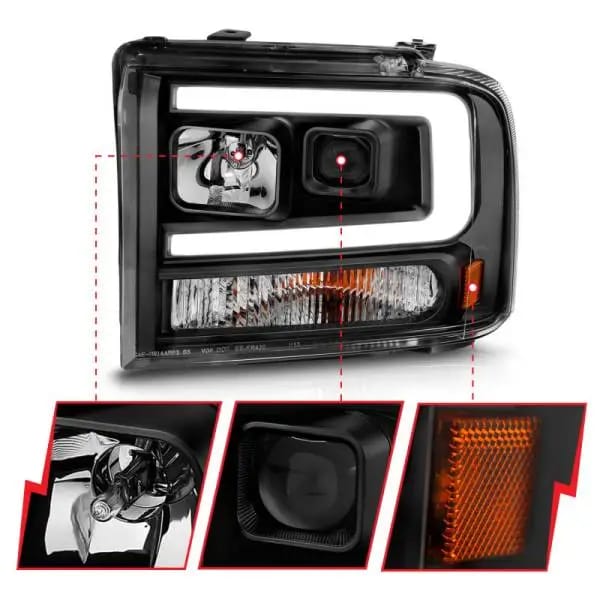 ANZO 99-04 Ford F250/F350/F450/Excursion (excl 99) Projector Headlights - w/ Light Bar Black Housing thumbnail 4
