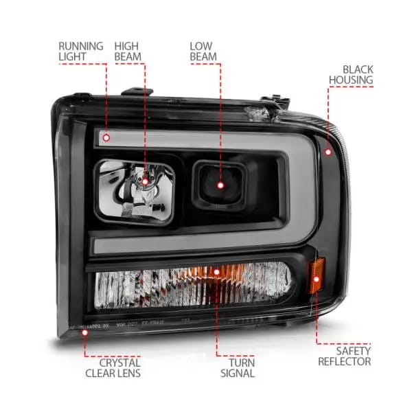 ANZO 99-04 Ford F250/F350/F450/Excursion (excl 99) Projector Headlights - w/ Light Bar Black Housing thumbnail 10