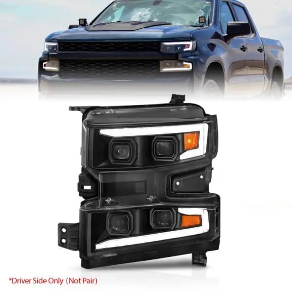 ANZO 19-22 Chevrolet Silverado 1500 LED Proj HL w/Lgt Bar SwBk Seq. Blk w/In. Light - Driver Side ON thumbnail 2