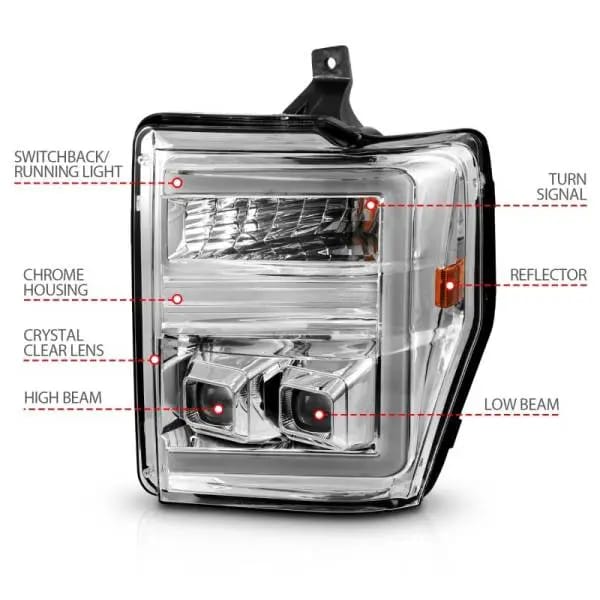 ANZO 08-10 Ford F-250 - F-550 Super Duty Projector Headlights w/ Light Bar Switchback Chrome Housing thumbnail 5