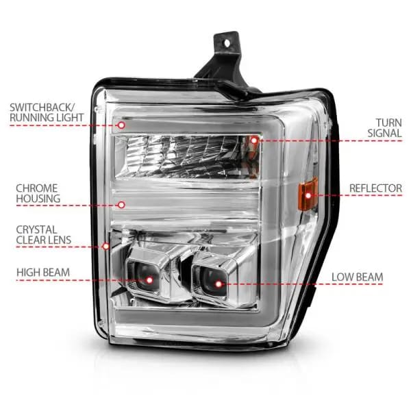 ANZO 08-10 Ford F-250 - F-550 Super Duty Projector Headlights w/ Light Bar Switchback Chrome Housing thumbnail 10