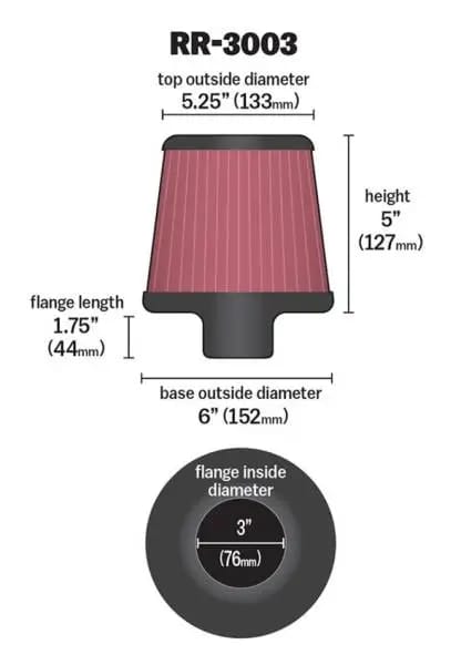 K&N Universal Filter 3 inch Flange 6 inch Base 5 1/4 inch Top 5 inch Height w/ Polished Top thumbnail 3