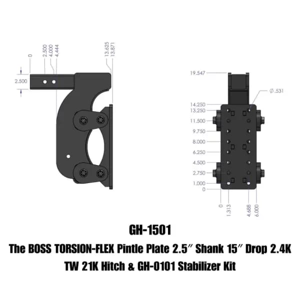 Gen-Y The Boss Torsion-Flex Pintle Plate 2.5in Shank 15in Drop 21K Hitch w/GH-0100 Stabilizer Kit thumbnail 2