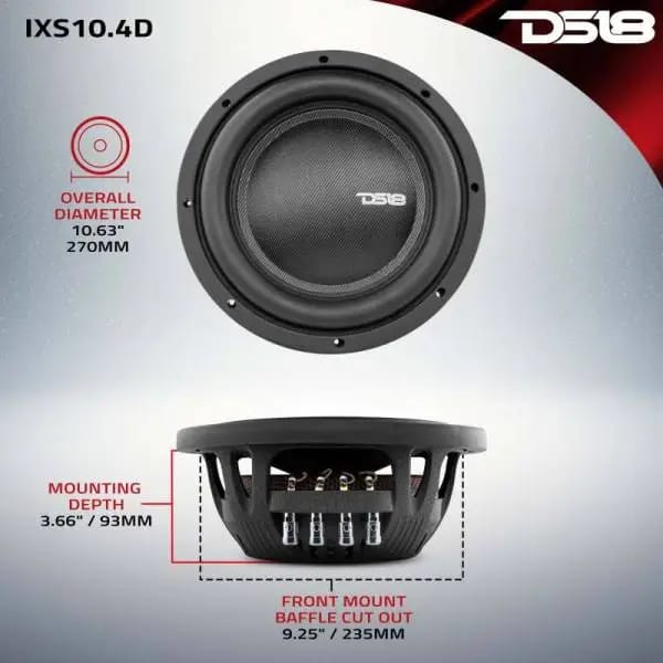 DS18 10in 600 Watts RMS 4 ohm DVC Shallow Mount Fiber Glass Subwoofer IXS Series thumbnail 2