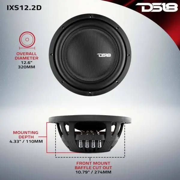 DS18 12in 800 Watts RMS 2 ohm DVC Shallow Mount Fiber Glass Subwoofer IXS Series thumbnail 3