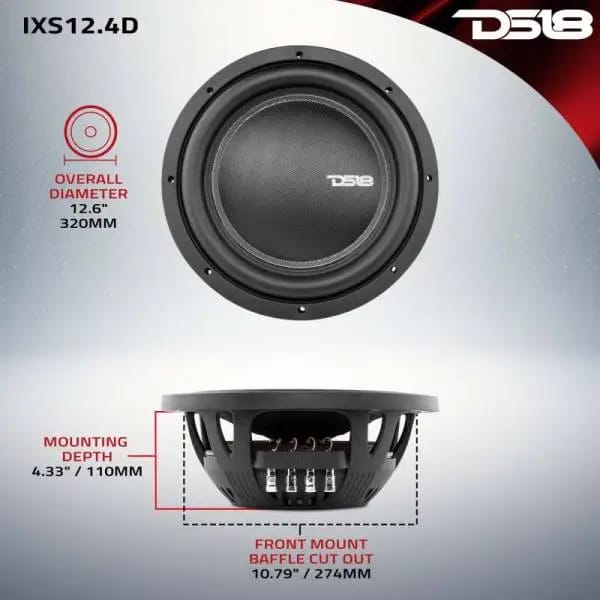 DS18 12in 800 Watts RMS 4 ohm DVC Shallow Mount Fiber Glass Subwoofer IXS Series thumbnail 3