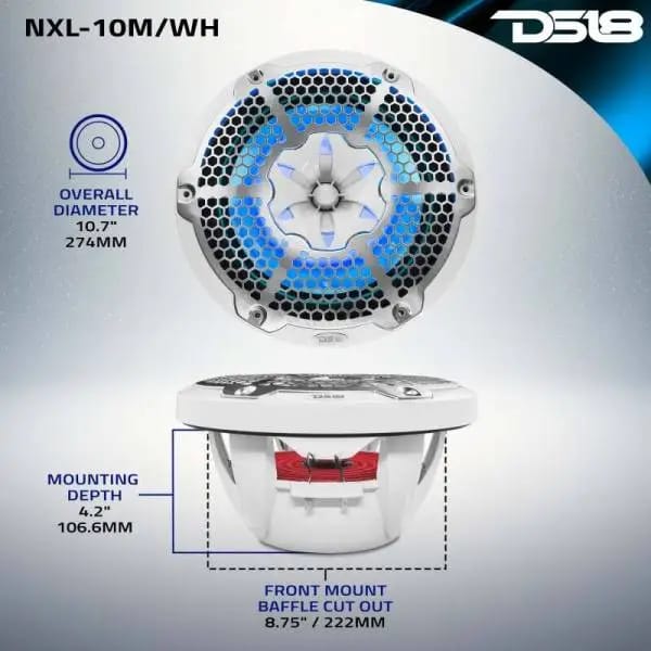 DS18 NXL-M Series Spkr w/ RGB LED Lights 10in 2-Way 200 Watts RMS 4 ohm Wht Grill Detached w/ Cover thumbnail 11