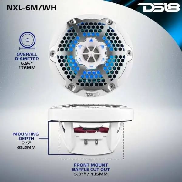 DS18 NXL-M Series Speaker w/ RGB LED Lights 6.5in 2-Way 100 Watts RMS 4 ohm White w/ Cover thumbnail 11