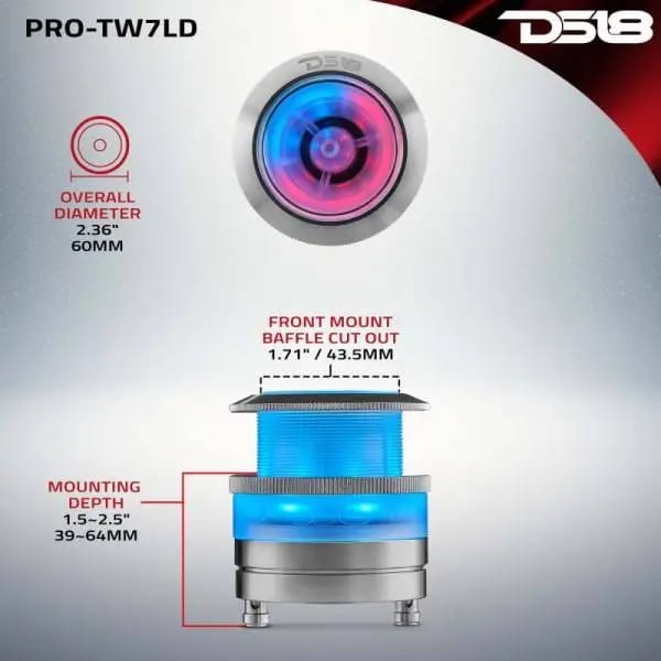 DS18 2.3in Super Bullet Tweeter 100 Watts RMS 1in Titanium Vc 4 ohm Digital LED Lights thumbnail 3