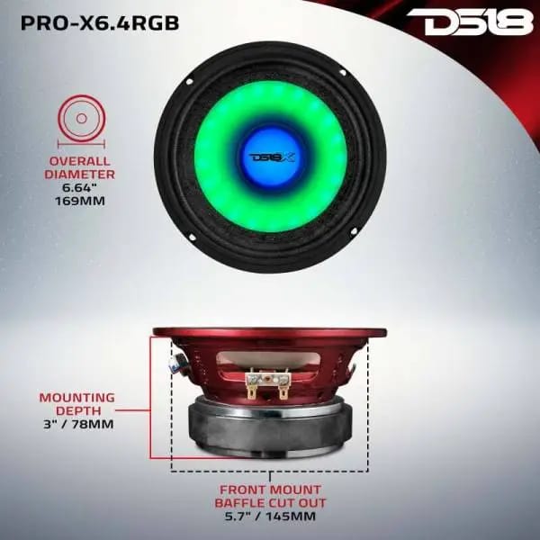 DS18 6.5in 250 Watts RMS 4ohm Mid Range Loudspeaker w/Translucent Dust Cap and Cone w/RGB LED Lights thumbnail 8