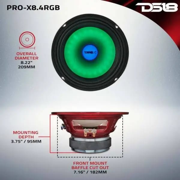 DS18 8in 275 Watts RMS 4 ohm Mid Range Loudspeaker w/ Translucent Dust Cap and Cone w/RGB LED Lights thumbnail 3
