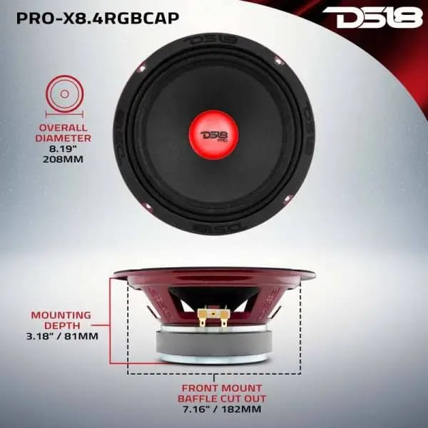 DS18 8in 275 Watts RMS 4 ohm Mid-Range Loudspeaker w/ RGB Dust Cap thumbnail 2