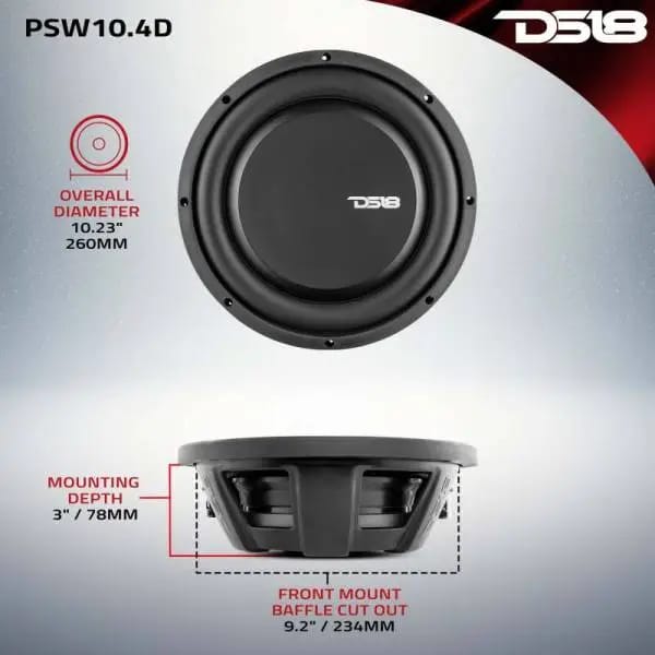 DS18 10in 500 Watts RMS 4 ohm DVC Shallow Mount Water Resistant Subwoofer thumbnail 3