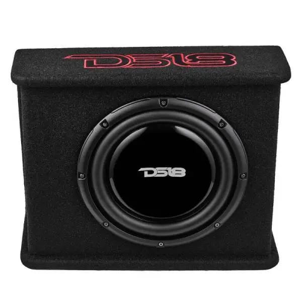 DS18 Single 10in Shallow Subwoofer and Enclosure 350 Watts RMS Amplified Sealed Black Carpet thumbnail 2