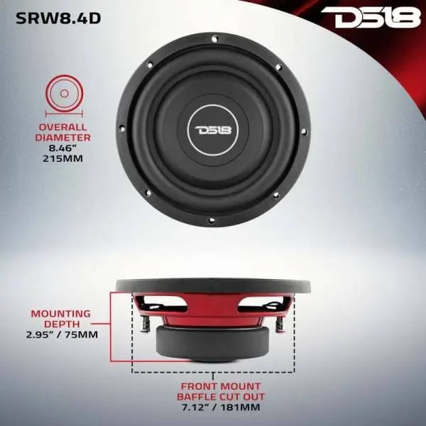 DS18 8in 150 Watts RMS 4 ohm DVC Shallow Mount Subwoofer thumbnail 2