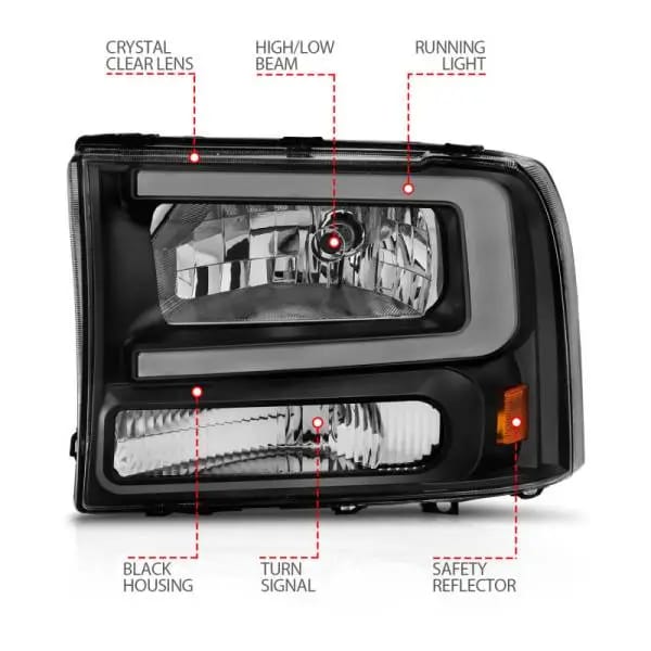 ANZO 99-04 Ford F250/F350/F450/Excursion (excl. 99) Crystal Headlights - w/ Light Bar Black Housing thumbnail 6