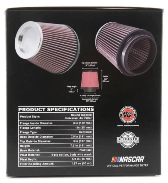 K&N Round Tapered Universal Air Filter 6 inch Flange 7 1/2 inch Base 5 inch Top 7 1/2 inch Height thumbnail 12