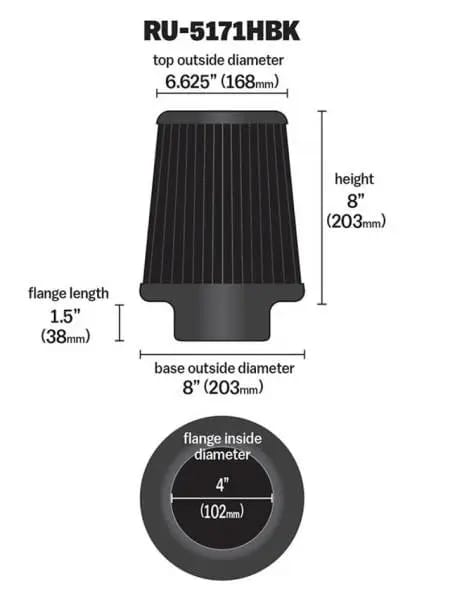 K&N Universal Rubber Filter-Round Tapered 4in Flange ID x 8in Base OD x 6.625in Top OD x 8in H thumbnail 4