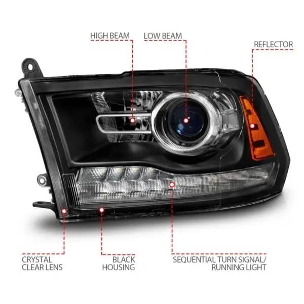 ANZO 09-18 Dodge Ram 1500/2500/3500 LED Plank Style Headlights Switchback + Sequential - Matte Black thumbnail 5